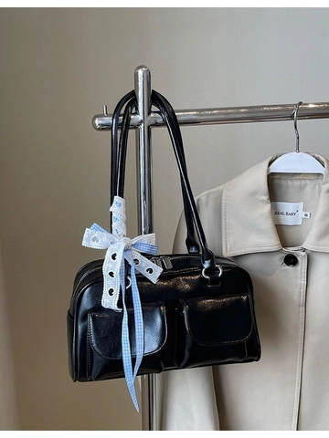 Women Retro PU Leather Bowling Underarm Bag With Bow Ribbon Heart Charm Large Capacity Fashion Simple Shoulder Bag