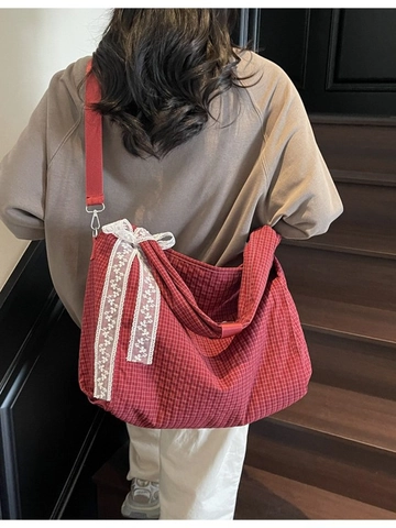 Women Plaid Canvas Tote Bag With Lace Bow Large Capacity Shoulder Crossbody Bag For Casual Daily Commuting School Student Handbag