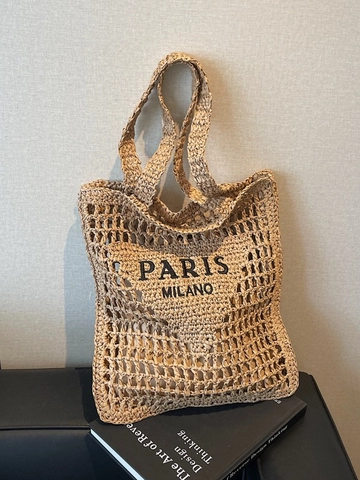 Women Straw Woven Tote Bag Hollow Crochet Shoulder Bag Large Capacity Summer Beach Holiday French Style Letter Embroidery Handbag