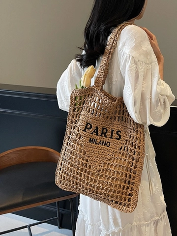 Women Straw Woven Tote Bag Hollow Crochet Shoulder Bag Large Capacity Summer Beach Holiday French Style Letter Embroidery Handbag