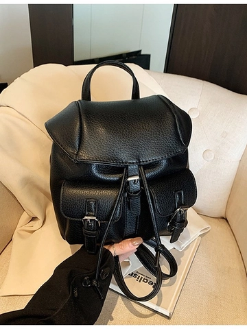 Fashion Women Mini PU Leather Backpack Lychee Texture Casual Drawstring Flap School Bag With Front Pockets For Daily Travel