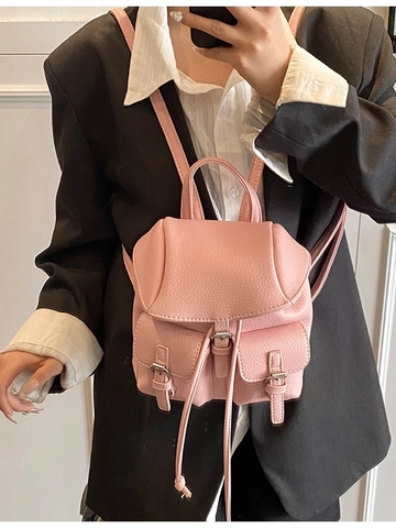 Fashion Women Mini PU Leather Backpack Lychee Texture Casual Drawstring Flap School Bag With Front Pockets For Daily Travel