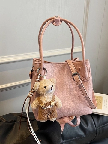Sac Seau pour Femmes en Cuir PU à Motif Lychee Simple Décontracté Style Coréen Sac à Main Bandoulière Avec Pendentif Ours