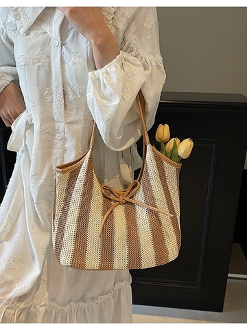 Women's Bohemian Striped Woven Tote Bag Large Capacity Summer Straw Shoulder Bag With Leather Handle And Bow Decor
