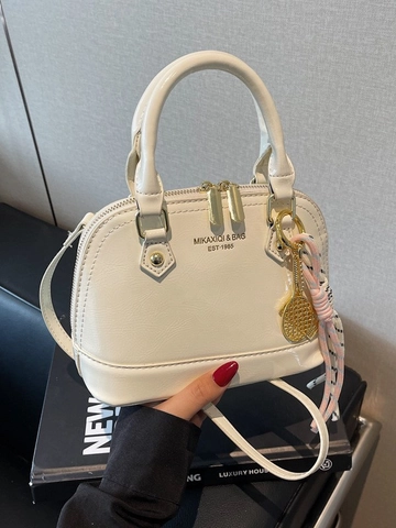 Women's Glossy Patent PU Leather Shell Handbag Trendy Mini Crossbody Bag With Decorative Pendant Elegant Daily Shoulder Bag