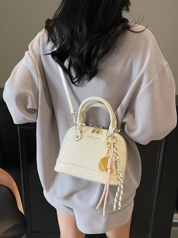 Women's Glossy Patent PU Leather Shell Handbag Trendy Mini Crossbody Bag With Decorative Pendant Elegant Daily Shoulder Bag