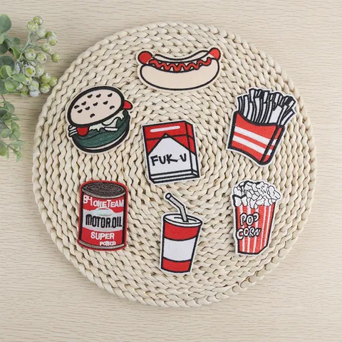 Écussons Brodés Nourriture Dessin Animé Hamburger Frites Popcorn Applique Thermocollante Pour Vêtements Décoration DIY Patchs