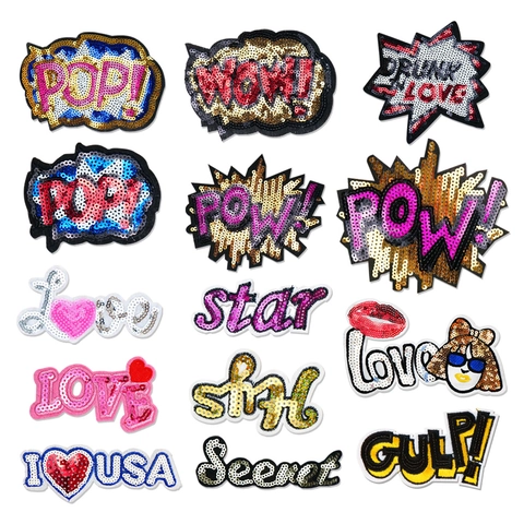 Comic Pop Art Pailletten Stickerei Aufnäher Slogan Buchstaben Bügelbilder Dekorative Stoffaufnäher Für Kleidung Taschen Hüte DIY