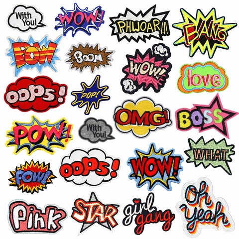 Comic-Stil Bestickte Aufnäher Pop Art Zum Aufbügeln Applikationen Für Kleidung DIY Dekoration WOW POW OMG Buchstaben Patches