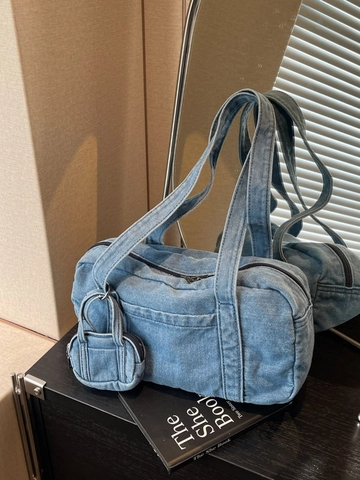 Borsa a Spalla da Donna in Denim Lavato Design di Nicchia Grande Borsa a Mano Casual da Ascella Con Mini Portamonete per Studenti