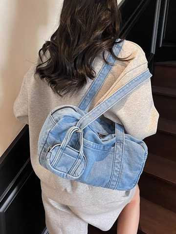 Borsa a Spalla da Donna in Denim Lavato Design di Nicchia Grande Borsa a Mano Casual da Ascella Con Mini Portamonete per Studenti