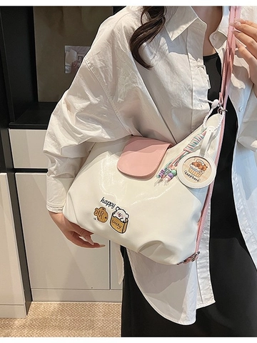 Women Korean Style PU Leather Shoulder Bag Large Capacity Hobo Tote With Lace Bow Capybara Pendant Cartoon Embroidery Happy Lucky Slogan Handbag