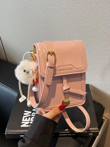 Trendy PU Leather Small Square Crossbody Bag For Women Chic Vertical Phone Bag With Plush Charm Everyday Mini Shoulder Bag