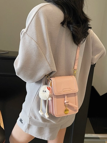 Trendy PU Leather Small Square Crossbody Bag For Women Chic Vertical Phone Bag With Plush Charm Everyday Mini Shoulder Bag