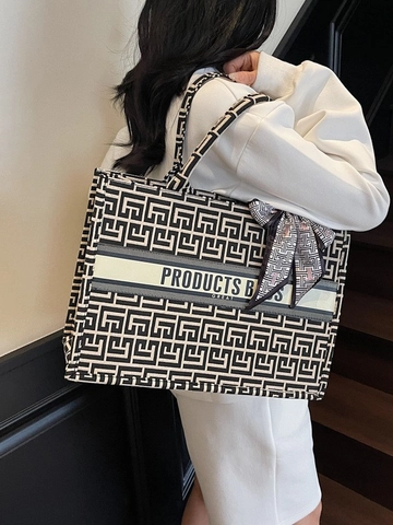 Women Canvas Geometric Pattern Tote Bag Large Capacity Commuter Handbag With Decorative Scarf Fashion Shoulder Bag Shopping Bag