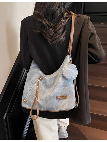 Large Capacity Vintage PU Leather Hobo Bag For Women Contrast Stitching Shoulder Bag With Detachable Mini Coin Purse Pendant