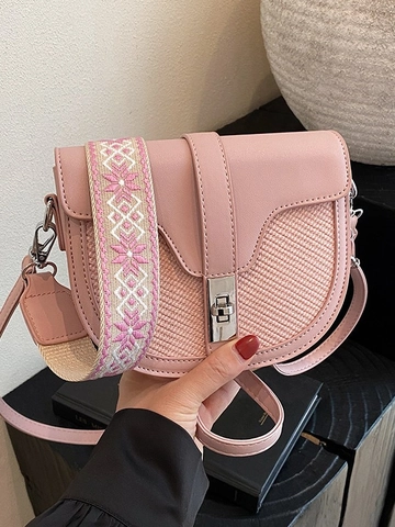 Sacoche Selle Vintage en Cuir PU pour Femmes Texture Tissée Sac Bandoulière Avec Large Bandoulière Jacquard Verrou Tournant