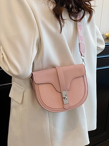Sacoche Selle Vintage en Cuir PU pour Femmes Texture Tissée Sac Bandoulière Avec Large Bandoulière Jacquard Verrou Tournant