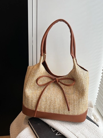 Women Fashion Straw Woven Shoulder Bag Bow Decor Contrast Color Bucket Tote Bag Large Capacity Beach Vacation Handbag