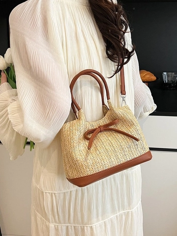 Women Fashion Straw Woven Shoulder Bag Bow Decor Contrast Color Bucket Tote Bag Large Capacity Beach Vacation Handbag