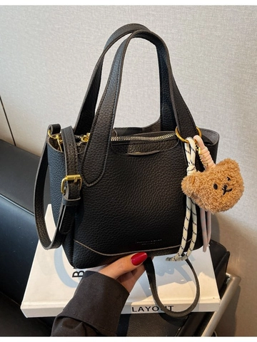 Borsa a Secchiello Retro in Pelle PU per Donna Trama Litchi Borsa a Tracolla Con Ciondolo a Orso Elegante Borsa a Mano Diario