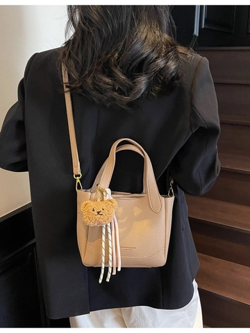 Borsa a Secchiello Retro in Pelle PU per Donna Trama Litchi Borsa a Tracolla Con Ciondolo a Orso Elegante Borsa a Mano Diario