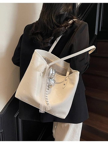 Sac Cabas pour Femmes en Cuir PU Grande Capacité Style Nœud Gaufré Sac à Bandoulière Avec Décor en Dentelle Doux Décontracté Quotidien Sac à Main de Bureau