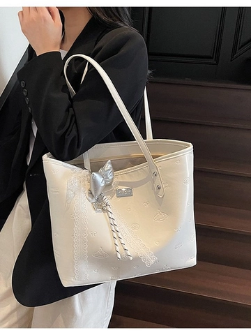 Sac Cabas pour Femmes en Cuir PU Grande Capacité Style Nœud Gaufré Sac à Bandoulière Avec Décor en Dentelle Doux Décontracté Quotidien Sac à Main de Bureau