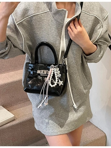 Women Quilted PU Leather Handbag Fashion Rhombus Pattern Single Shoulder Crossbody Bag With Pearl Heart Pendants Kelly Bag