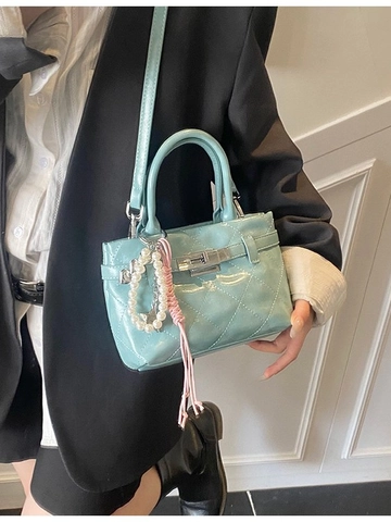 Women Quilted PU Leather Handbag Fashion Rhombus Pattern Single Shoulder Crossbody Bag With Pearl Heart Pendants Kelly Bag