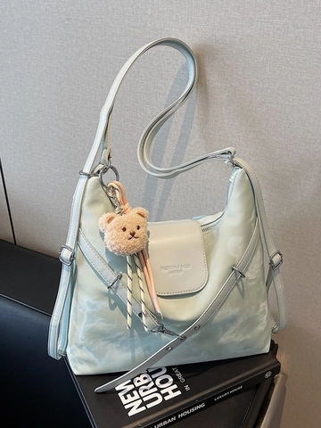 Bolso de Hombro de Moda para Mujer Textura de Mármol con Colgante de Oso de Peluche Gran Capacidad Bolso Tote de Cuero PU Multifuncional