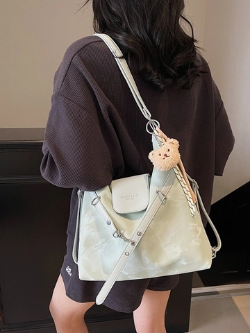 Bolso de Hombro de Moda para Mujer Textura de Mármol con Colgante de Oso de Peluche Gran Capacidad Bolso Tote de Cuero PU Multifuncional