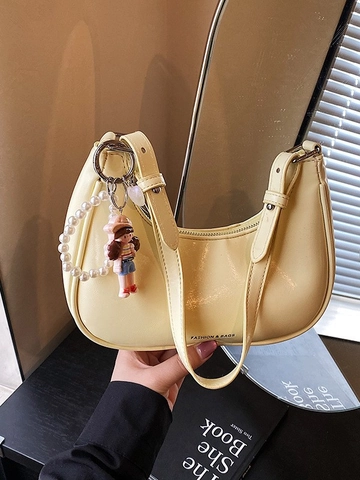 Women Fashion PU Leather Crescent Hobo Bag Luxury Contrast Stitching Underarm Bag With Artificial Pearl Doll Pendant Solid Color Handbag