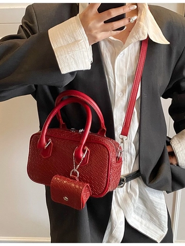 Bolso de Mano para Mujer con Textura Tejida Moda de Nicho de Cuero de PU Bolso Bandolera Bowling con Mini Monedero Correa Ajustable