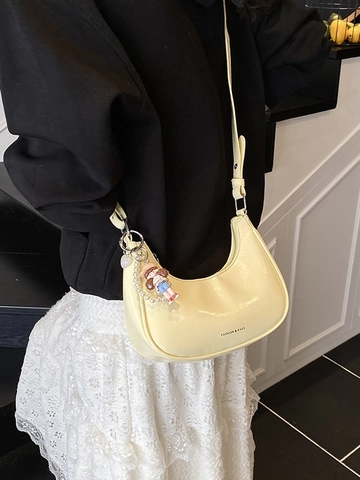 Women Fashion PU Leather Crescent Hobo Bag Luxury Contrast Stitching Underarm Bag With Artificial Pearl Doll Pendant Solid Color Handbag