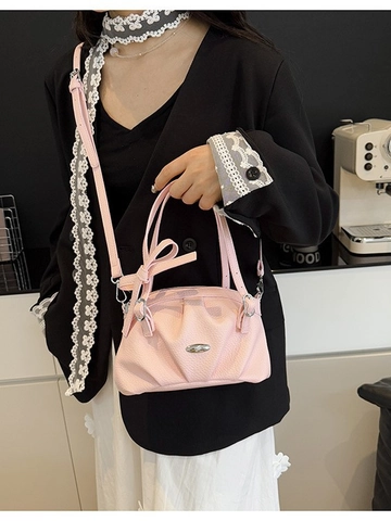 Borsa a Mano da Donna in Pelle PU Con Design Increspato Decorazione Con Fiocco Ferramenta Argento Borsa a Tracolla Elegante