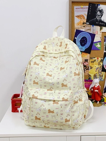 Zaino in Nylon Con Stampa Cane Cartone Animato Grande Capacità Cartella per Studenti Viaggio Casual Versatile Leggero Giallo Crema