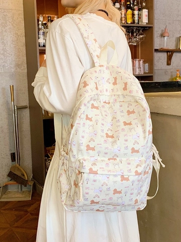 Zaino in Nylon Con Stampa Cane Cartone Animato Grande Capacità Cartella per Studenti Viaggio Casual Versatile Leggero Giallo Crema