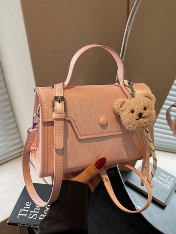 Borsa Quadrata Mini da Donna in Pelle PU Tracolla Borsa a Mano Coreana Con Ciondolo Orsetto di Peluche Tracolla Regolabile