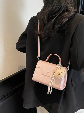 Borsa Quadrata Mini da Donna in Pelle PU Tracolla Borsa a Mano Coreana Con Ciondolo Orsetto di Peluche Tracolla Regolabile