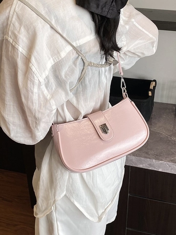 Women Fashion PU Leather Baguette Bag Underarm Crossbody Bucket Bag Silver Metal Lock Solid Color Elegant Daily Shoulder Bag