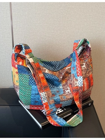 Borsa a Tracolla in Tela Grande Capacità Patchwork Bohemien Girasole Modello Shopping Bag Donna Viaggio Quotidiano
