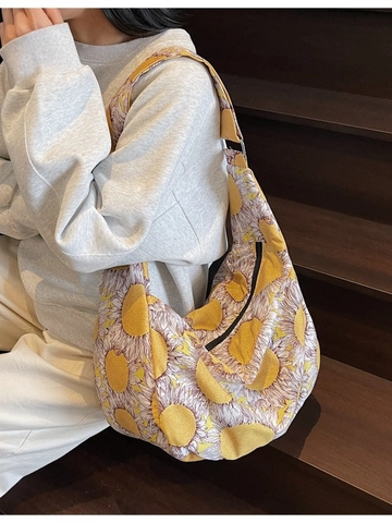 Borsa a Tracolla in Tela Grande Capacità Patchwork Bohemien Girasole Modello Shopping Bag Donna Viaggio Quotidiano