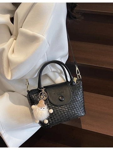 Damen Elegant Gewebt PU Leder Handtasche Mode Geflochten Schulter Umhängetasche Für Damen Klein Boston Tote Tasche Mit Plüsch-Anhänger