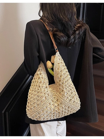 Borsa Tote in Paglia Intrecciata a Mano Svuotata Grande Capacità per Donna Borsa a Spalla da Spiaggia Estiva Con Tracolla in Pelle PU Chiusura Magnetica