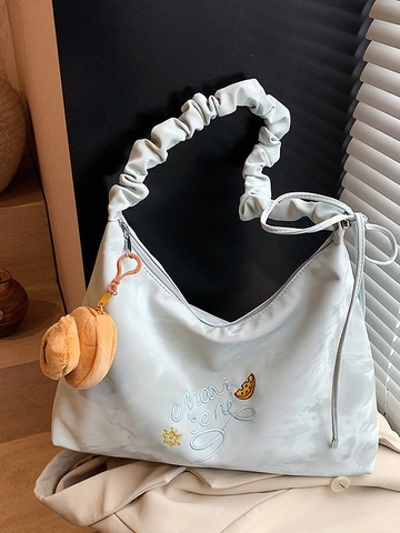 Large Capacity Ruched Shoulder Bag For Women Marble Print Dumpling Bag With Plush Pendant Casual Embroidery Hobo Bag