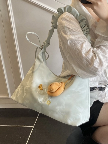 Large Capacity Ruched Shoulder Bag For Women Marble Print Dumpling Bag With Plush Pendant Casual Embroidery Hobo Bag