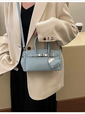 Elegant Litchi Grain PU Leather Handbag For Women With Metal Lock Heart Charm Adjustable Shoulder Crossbody Bag Daily Bag