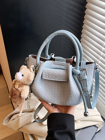 Women Fashion Woven Bucket Bag Mini PU Leather Handbag Crossbody Bag With Adjustable Strap And Plush Bear Pendant