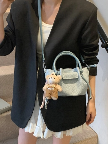 Women Fashion Woven Bucket Bag Mini PU Leather Handbag Crossbody Bag With Adjustable Strap And Plush Bear Pendant